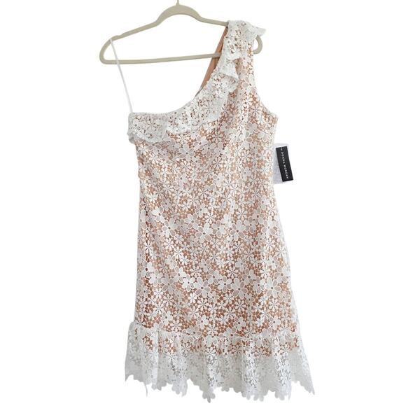 Donna Morgan White Floral Crochet Tan Lined One Shoulder Ruffle Mini Dress Sz 10 - Picture 4 of 13